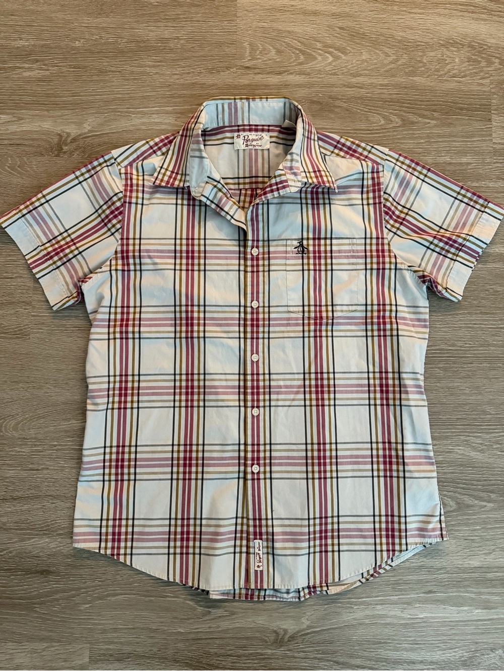 Original Penguin Short Sleeve Plaid Button-Down Shirt - White/Red/Blue